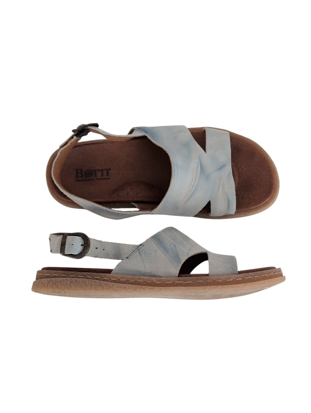 Born Carah Suede Ruched Leather Comfort Slingback Sandals 7 / 38 Light Ice Blue